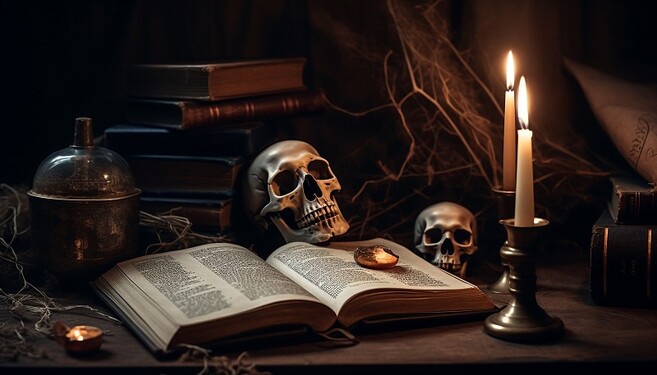 Antique Bible on old table, candle flickers generated by AI