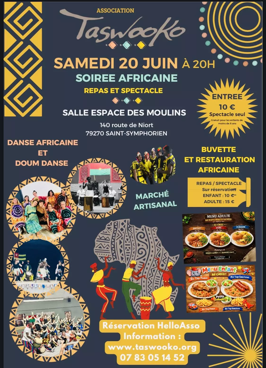 Affiche de la Soirée Africaine de l'association Taswooko – samedi 20 juin à 20h, Espace des Moulins, Saint-Symphorien