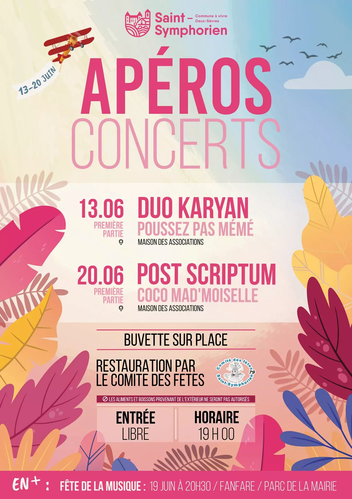 Affiche des Apéros Concerts de Saint-Symphorien – 13 et 20 juin, entrée libre à 19h