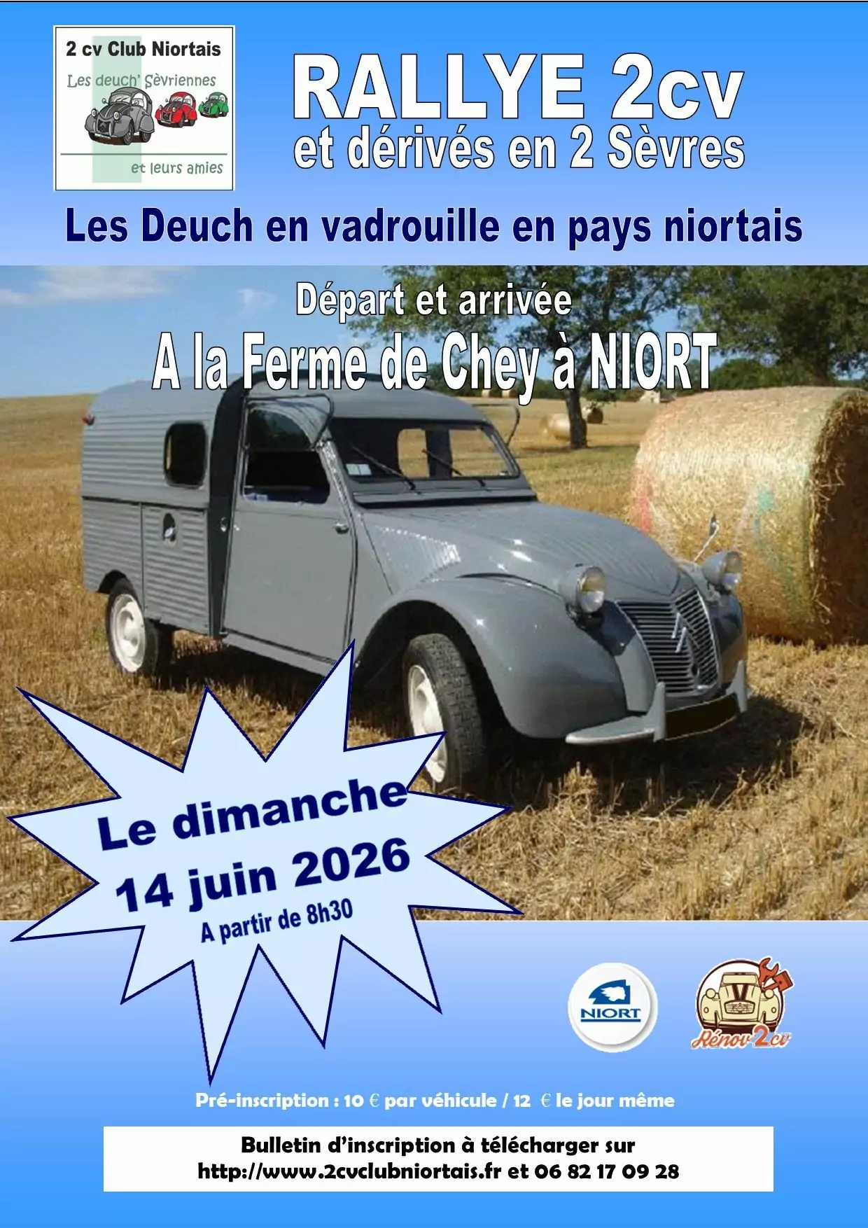 Affiche du Rallye 2CV et dérivés en Deux-Sèvres, 14 juin 2026 à la Ferme de Chey à Niort