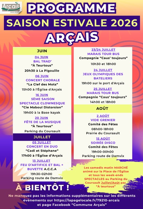 Affiche du programme de la saison estivale 2026 à Arçais