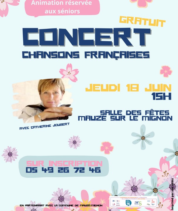 Affiche du concert gratuit de chansons françaises avec Catherine Joubert, jeudi 18 juin à 15h, Mauzé-sur-le-Mignon