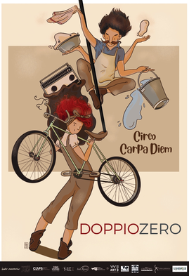 Affiche du spectacle Doppio Zero du Circo Carpa Diem, illustration de deux personnages acrobates sur un vélo