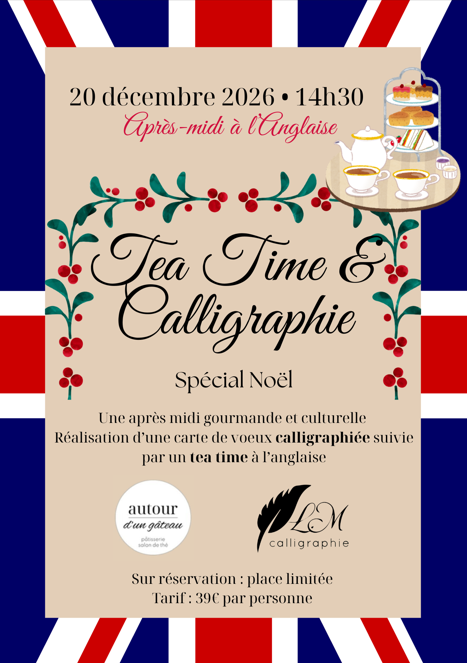 Affiche Tea Time & Calligraphie Spécial Noël – 20 décembre 2026 à 14h30, sur fond de drapeau britannique