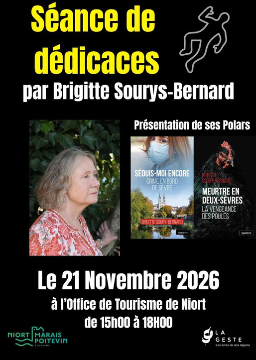 Affiche de la séance de dédicaces de Brigitte Sourys-Bernard, avec son portrait et ses deux polars