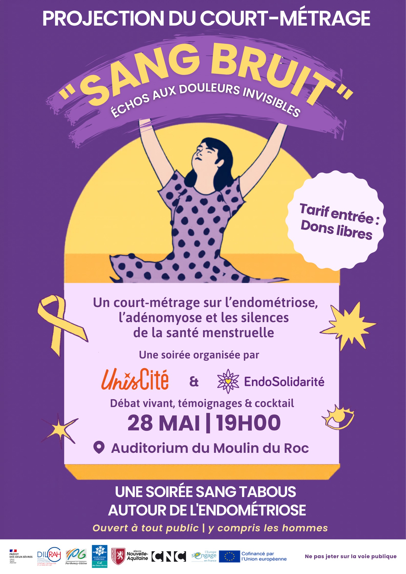 Affiche annonçant la projection à 19h, co-organisée par UnisCité, ouverte à tout public y compris les hommes.