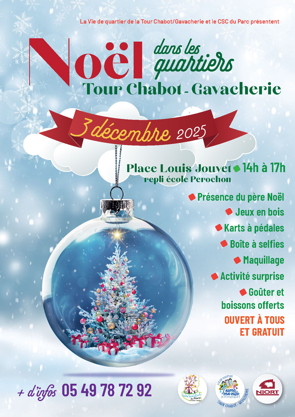 Affiche de l'animation du 3 décembre 2025, place Louis Jouvet à Niort, de 14h à 17h, gratuit et ouvert à tous