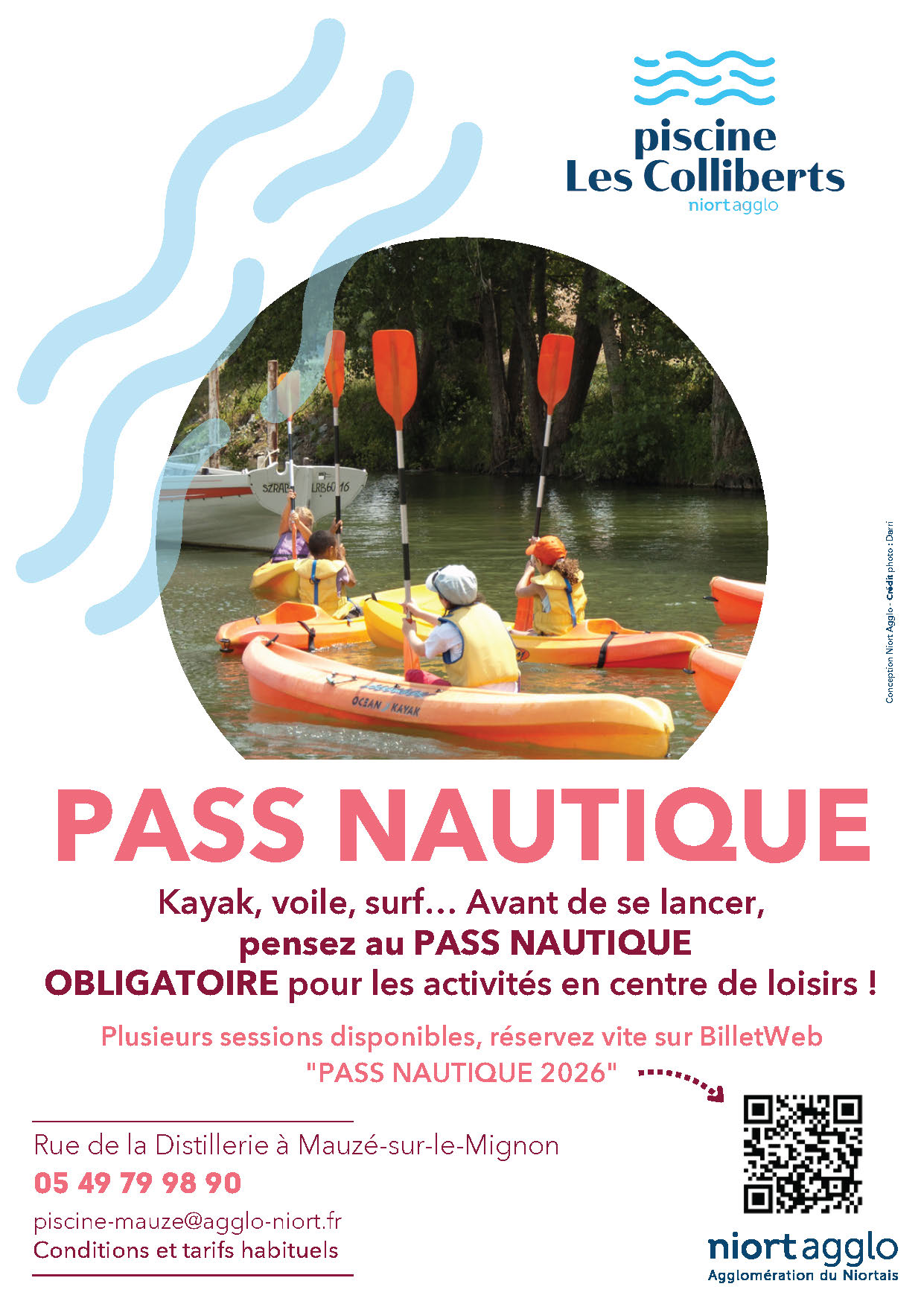 Affiche Pass Nautique 2026 de la piscine Les Colliberts : réservation sur BilletWeb, tél. 05 49 79 98 80