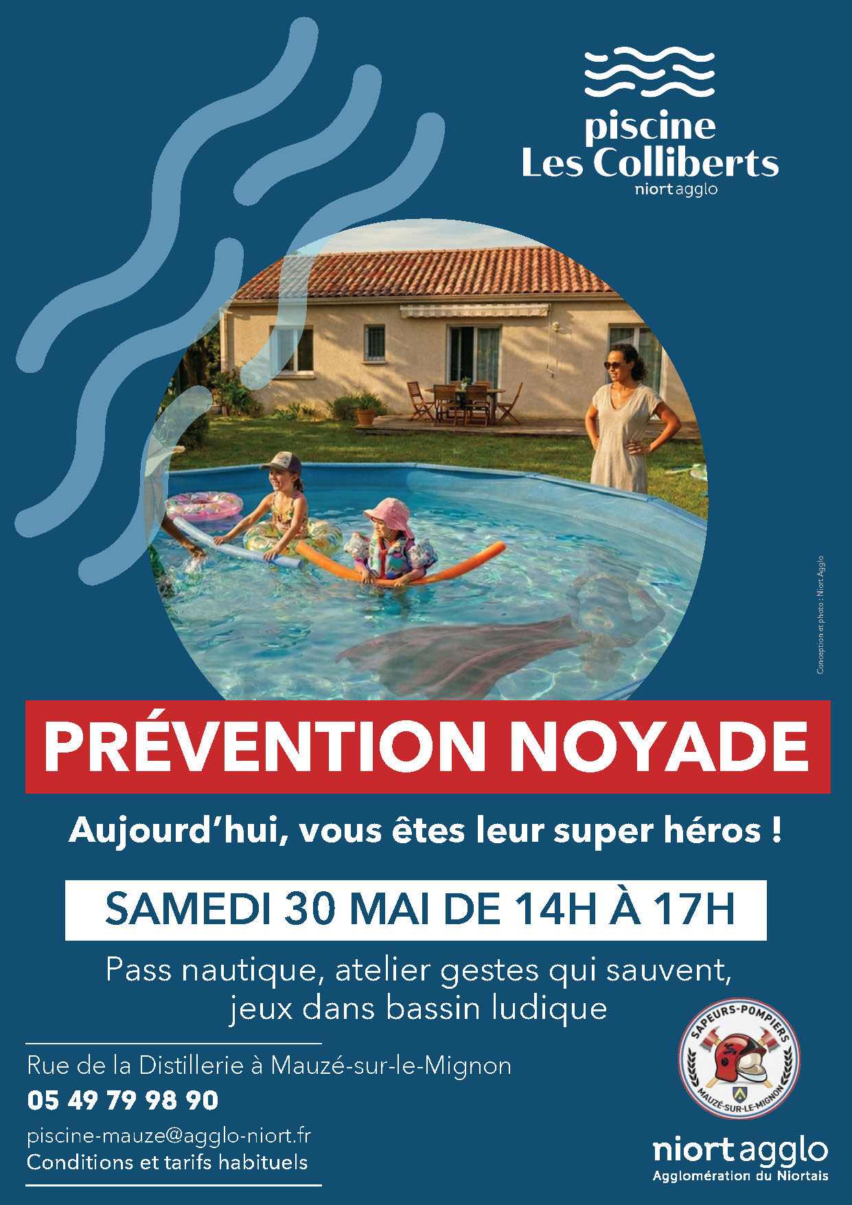 Affiche de l'événement à la piscine Les Colliberts à Mauzé-sur-le-Mignon : pass nautique, ateliers gestes qui sauvent et jeux en bassin.