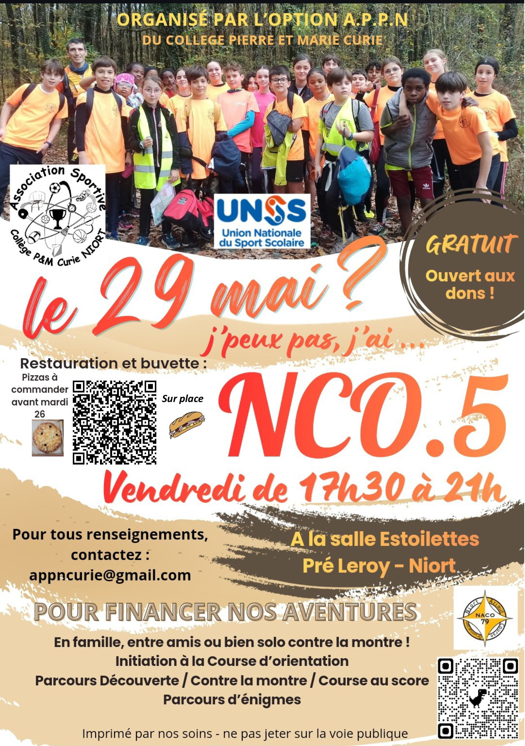 Affiche officielle avec groupe d'élèves en forêt, événement gratuit ouvert aux dons, label UNSS, contact appncurie@gmail.com
