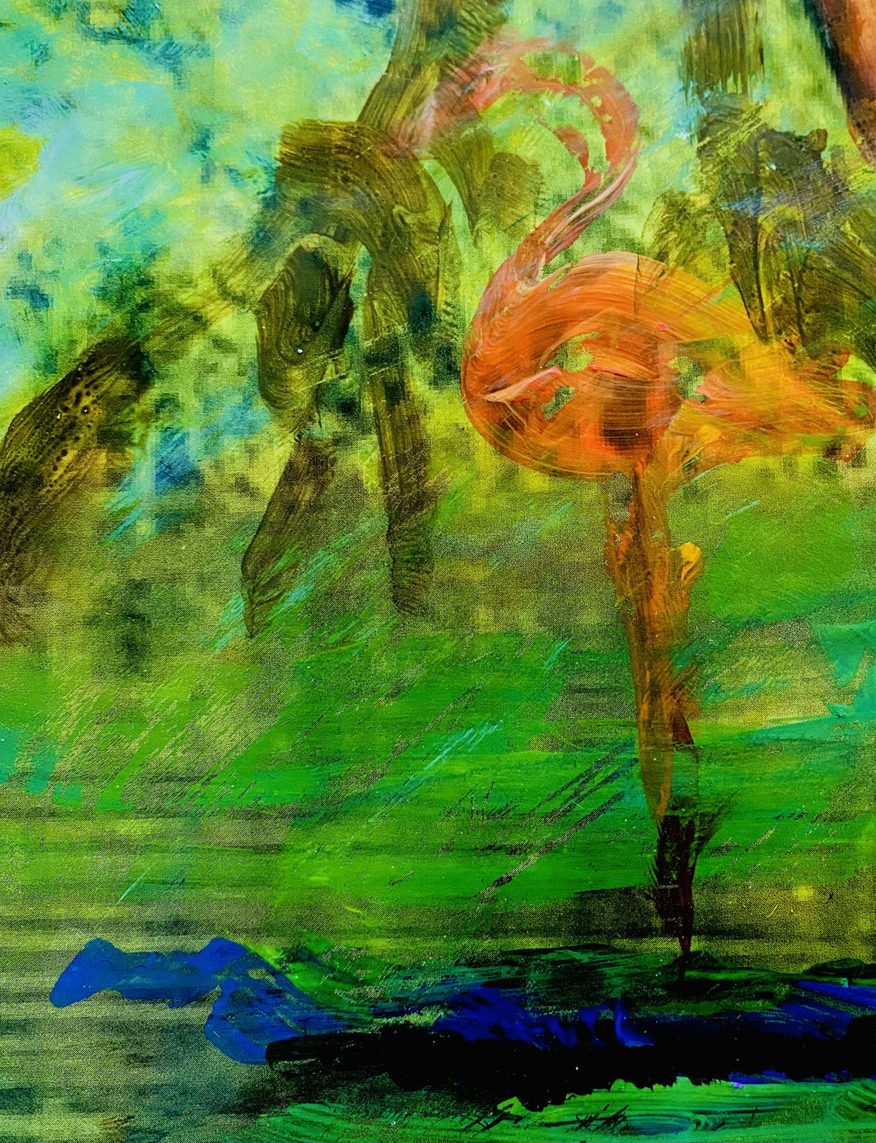 Peinture expressionniste représentant un flamant rose dans un environnement verdoyant aux tons vifs