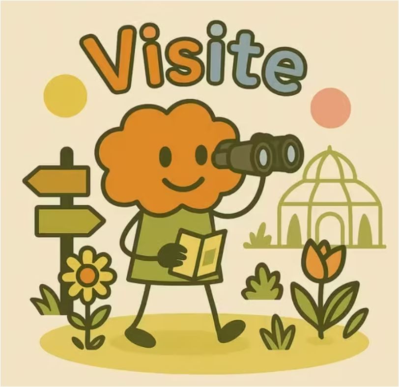 Illustration d'un personnage souriant avec des jumelles, un carnet et des fleurs — visuel de visite nature