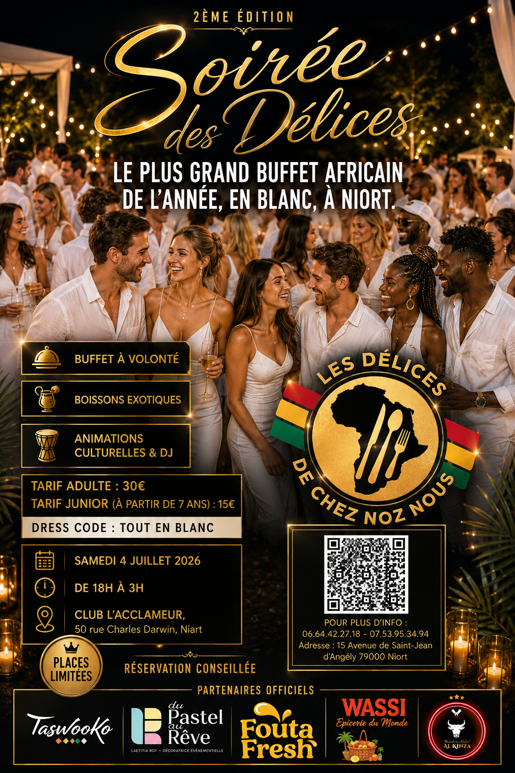 Affiche de la Soirée des Délices – 2ème édition, grand buffet africain en blanc à Niort